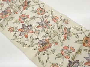 手織り紬花葉模様織出し名古屋帯